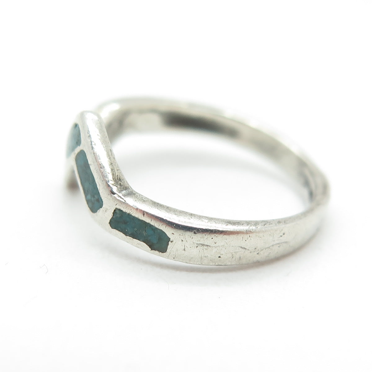 Old Pawn 925 Sterling Silver Vintage Real Turquoise Inlay Zig Zag Ring Size 5.25