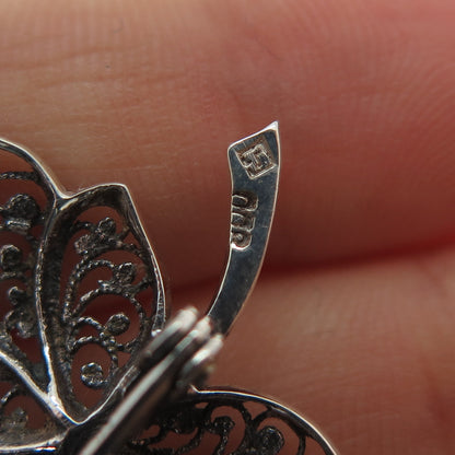 800 Silver Vintage Modernist Floral Leaf Filigree Oxidized Pin Brooch