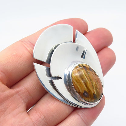 925 Sterling Silver Vintage E. ALLEN Real Brown Agate Gemstone Pin Brooch