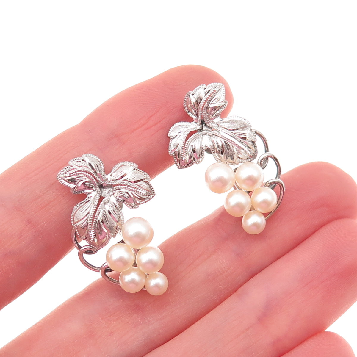 925 Sterling Antique Art Deco Real Akoya Pearl Floral Screw Back Earrings