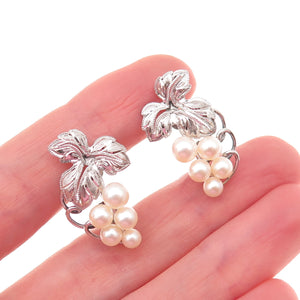 925 Sterling Antique Art Deco Real Akoya Pearl Floral Screw Back Earrings