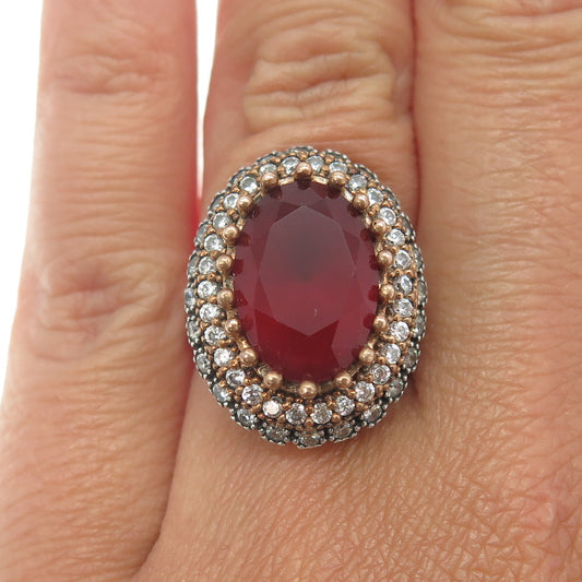 925 Sterling Silver 2-Tone Vintage Red Glass & White C Z Bohemian Ring Size 6.25