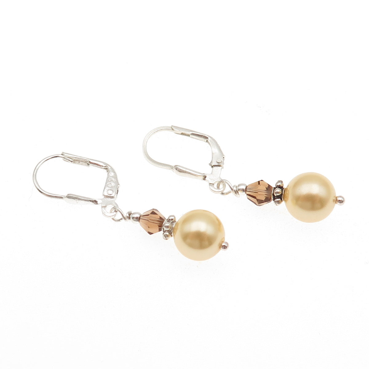 925 Sterling Silver Vintage Real Smoky Quartz & Faux Pearl Dangle Earrings