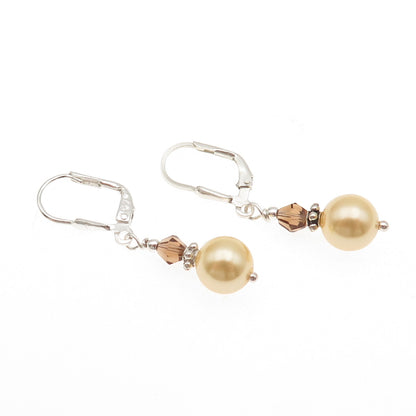 925 Sterling Silver Vintage Real Smoky Quartz & Faux Pearl Dangle Earrings