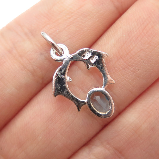 CHARLES WINSTON 925 Sterling Silver Vintage Blue Topaz Dolphin Couple Pendant