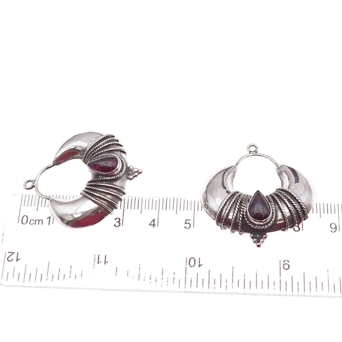 Silver Plated Vintage Real Rhodolite Modernist Oxidized Jacket Earrings