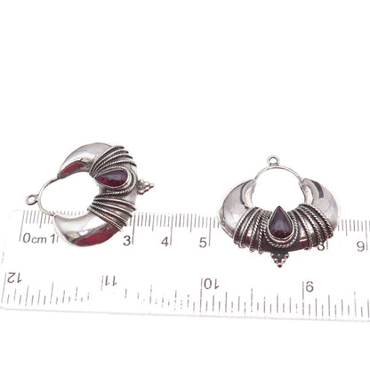 Silver Plated Vintage Real Rhodolite Modernist Oxidized Jacket Earrings