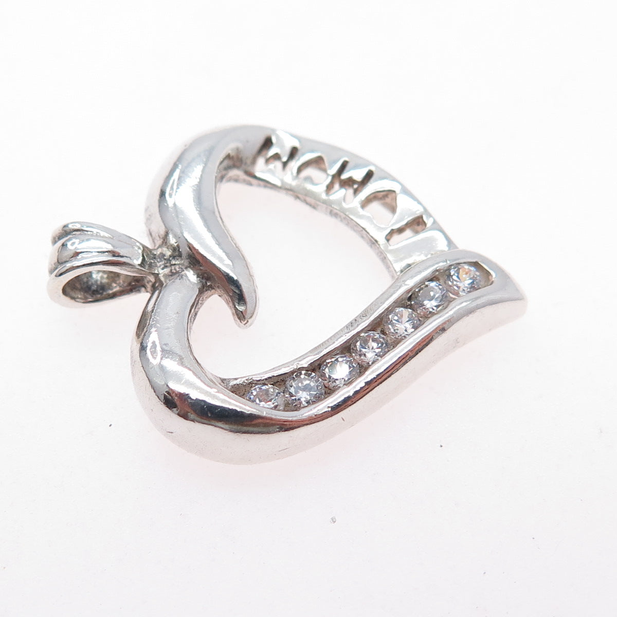 925 Sterling Silver Round-Cut C Z Mom Heart Charm Pendant