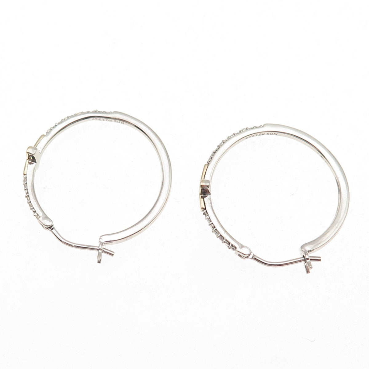 Sun 925 Sterling Silver 10K Gold Real Round-Cut Diamond Cross Hoop Earrings