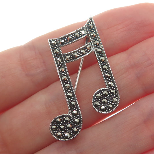 925 Sterling Silver Vintage Real Marcasite Slanted Beam Musical Note Pin Brooch