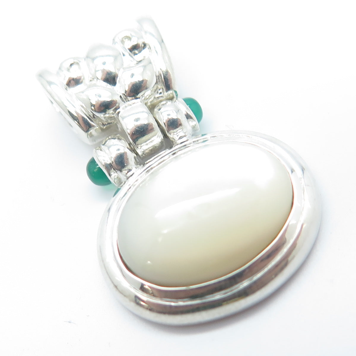 925 Sterling Silver Vintage Real Mother-of-Pearl & Chalcedony Gemstone Pendant