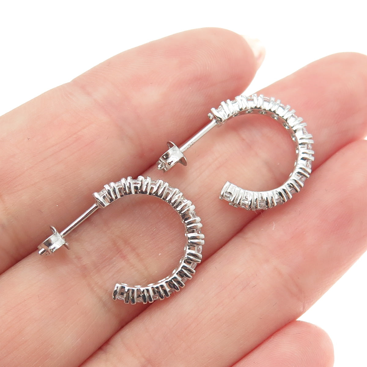 925 Sterling Silver Round-Cut Shaped C Z Half Hoop Earrings