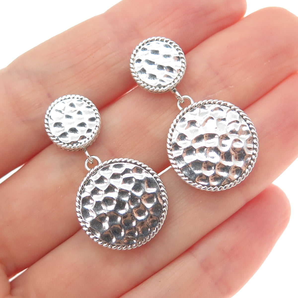 925 Sterling Silver Vintage Modernist Hammered Disc Dangle Earrings