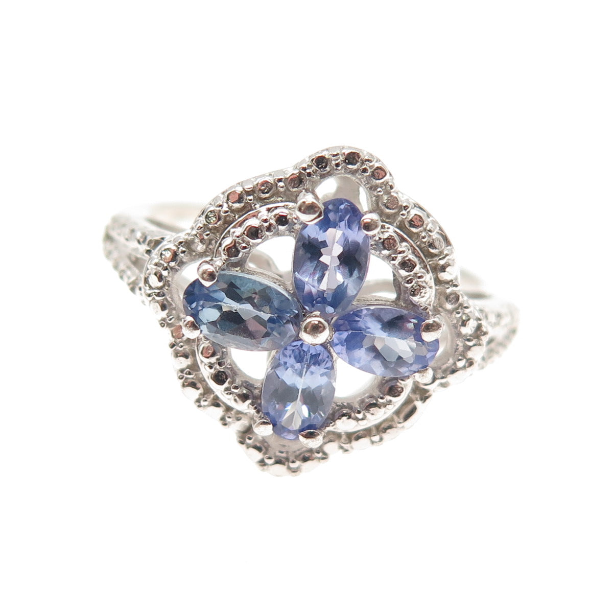 Chuck Clemency 925 Sterling Silver Real Oval-Cut Tanzanite Floral Ring Size 7