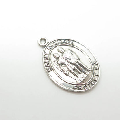925 Sterling Silver Vintage Saint Michael Protect Us Oval Religious Pendant
