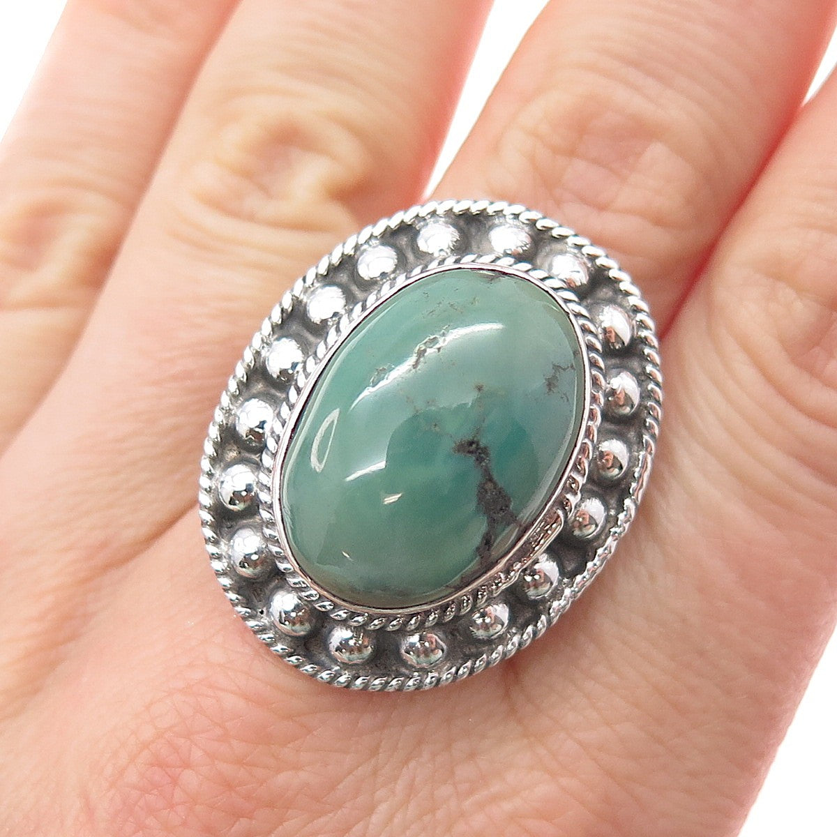 925 Sterling Silver Vintage Real Royston Turquoise Beaded Ring Size 8.25