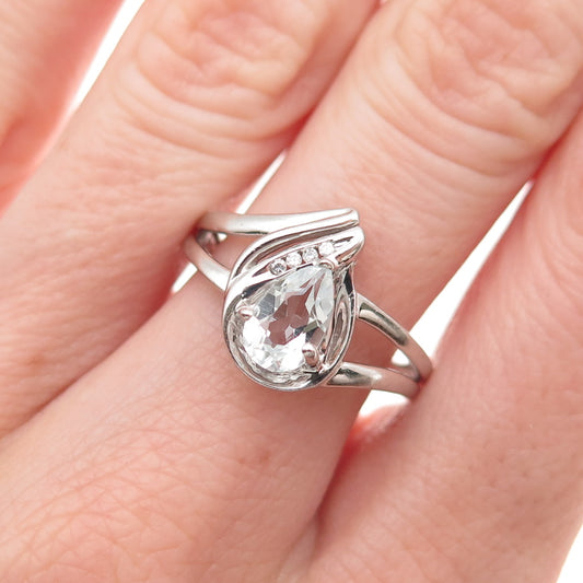 925 Sterling Silver Real Blue Topaz & C Z Teardrop Ring Size 7
