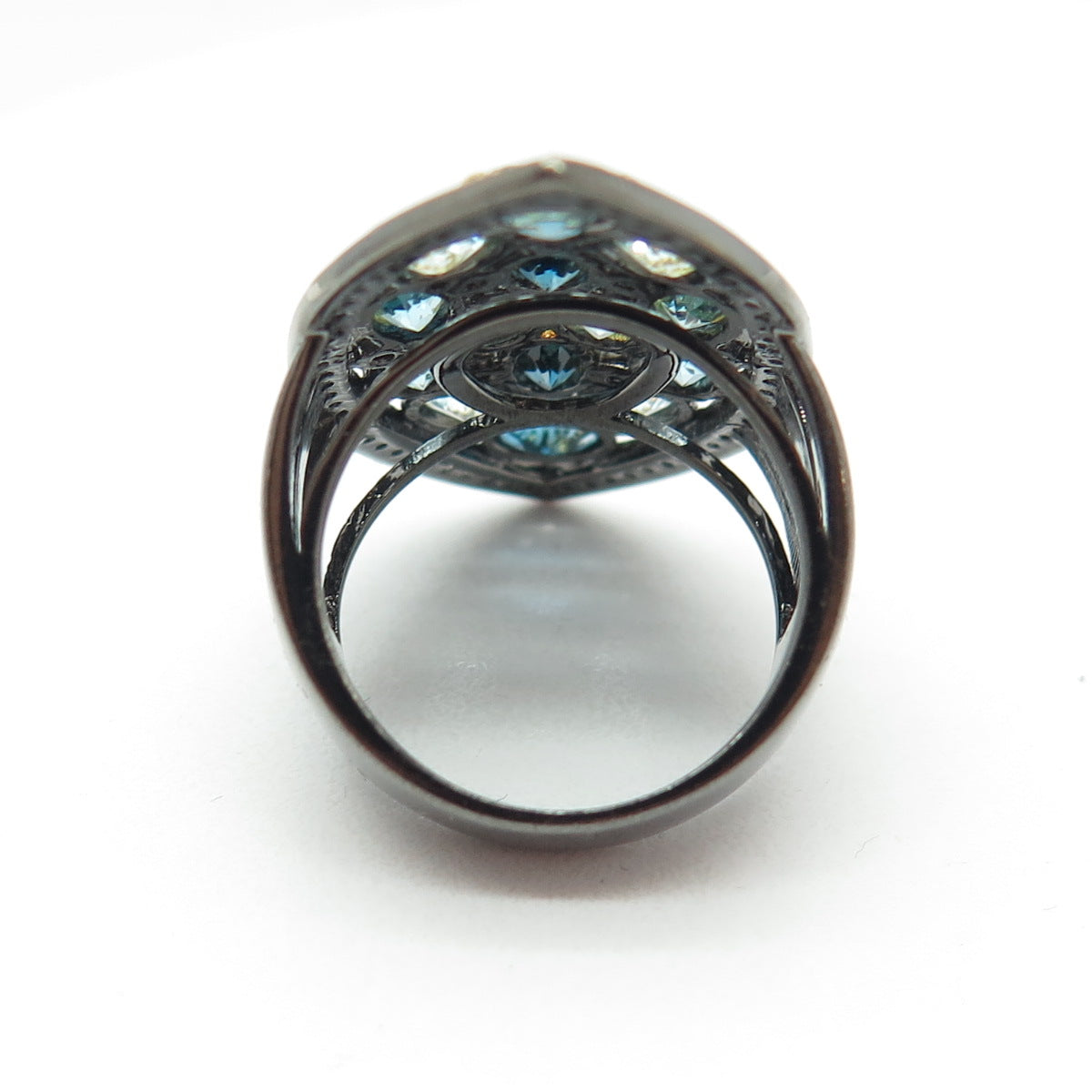 DSMK 925 Sterling White Blue & London Topaz Oxidized Statement Ring Size 6.25