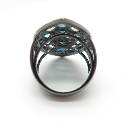 DSMK 925 Sterling White Blue & London Topaz Oxidized Statement Ring Size 6.25