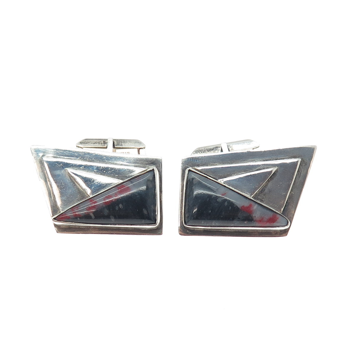 925 Sterling Silver Vintage Real Bloodstone Modernist Oxidized Cufflinks