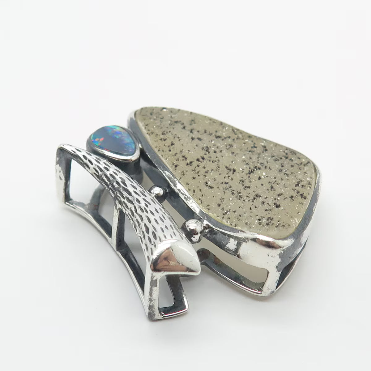 925 Sterling Silver Vintage Whitney Kelly Real Druzy & Opal Gem Slide Pendant