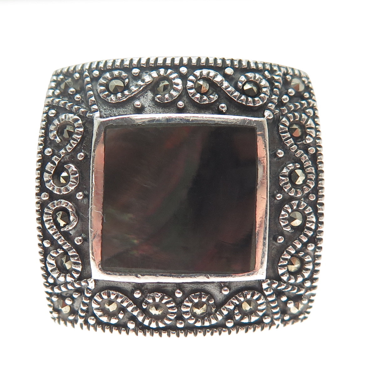 CHAPAL ZENRAY 925 Sterling Silver Abalone Shell & Marcasite Gem Wide Ring Size 7