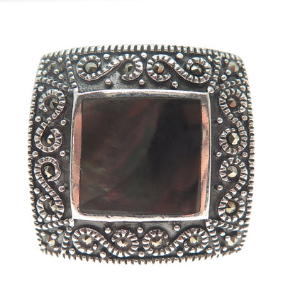 CHAPAL ZENRAY 925 Sterling Silver Abalone Shell & Marcasite Gem Wide Ring Size 7