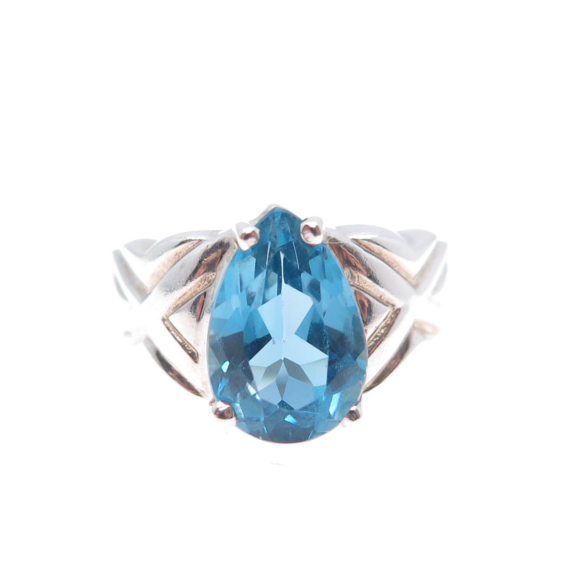 925 Sterling Silver Vintage Real Swiss Blue Topaz Teardrop Ring Size 7