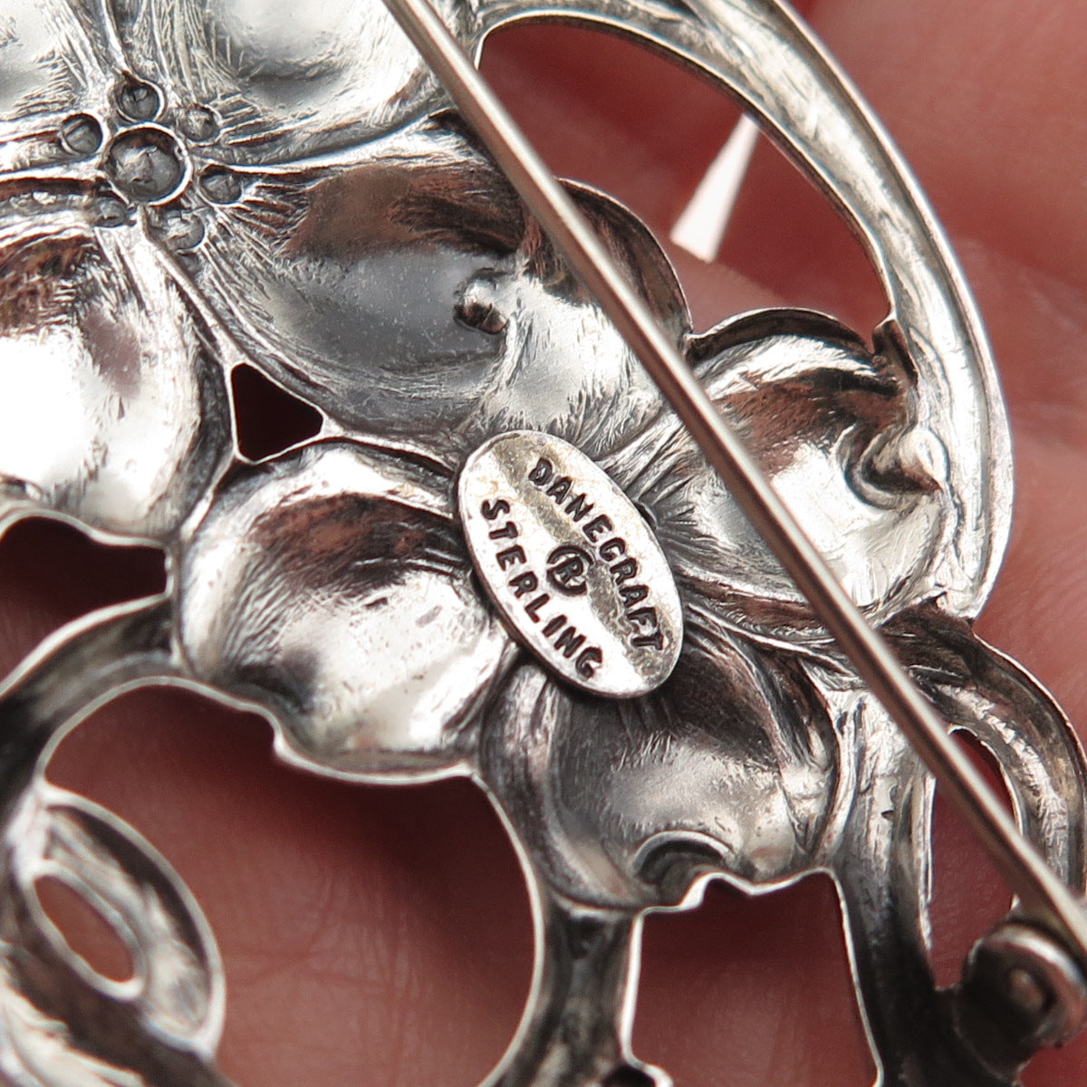 Danecraft Sterling Silver Antique Art Deco Dogwood Flower Oxidized Pin Brooch