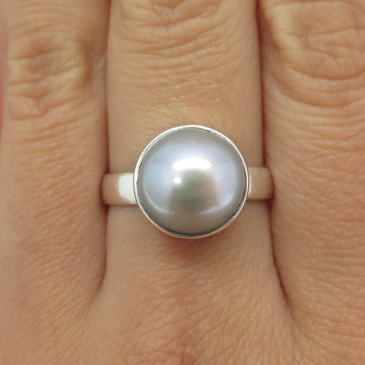 925 Sterling Silver Vintage Real Pearl Modernist Ring Size 8.5