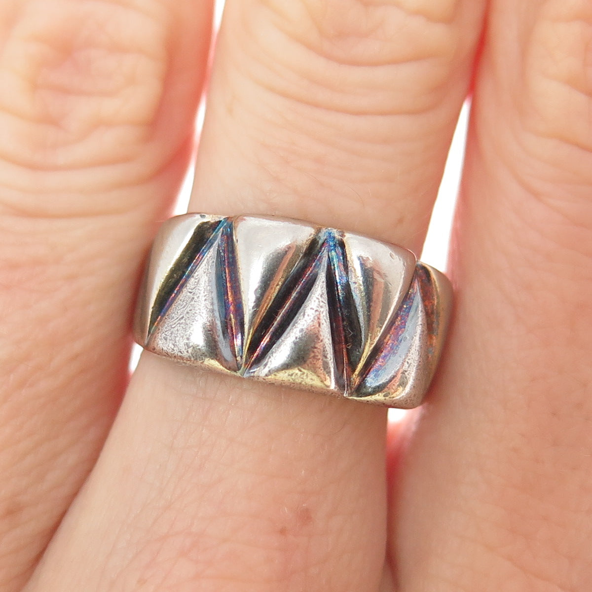 925 Sterling Silver Vintage Italy Modernist Zig Zag Oxidized Ring Size 8