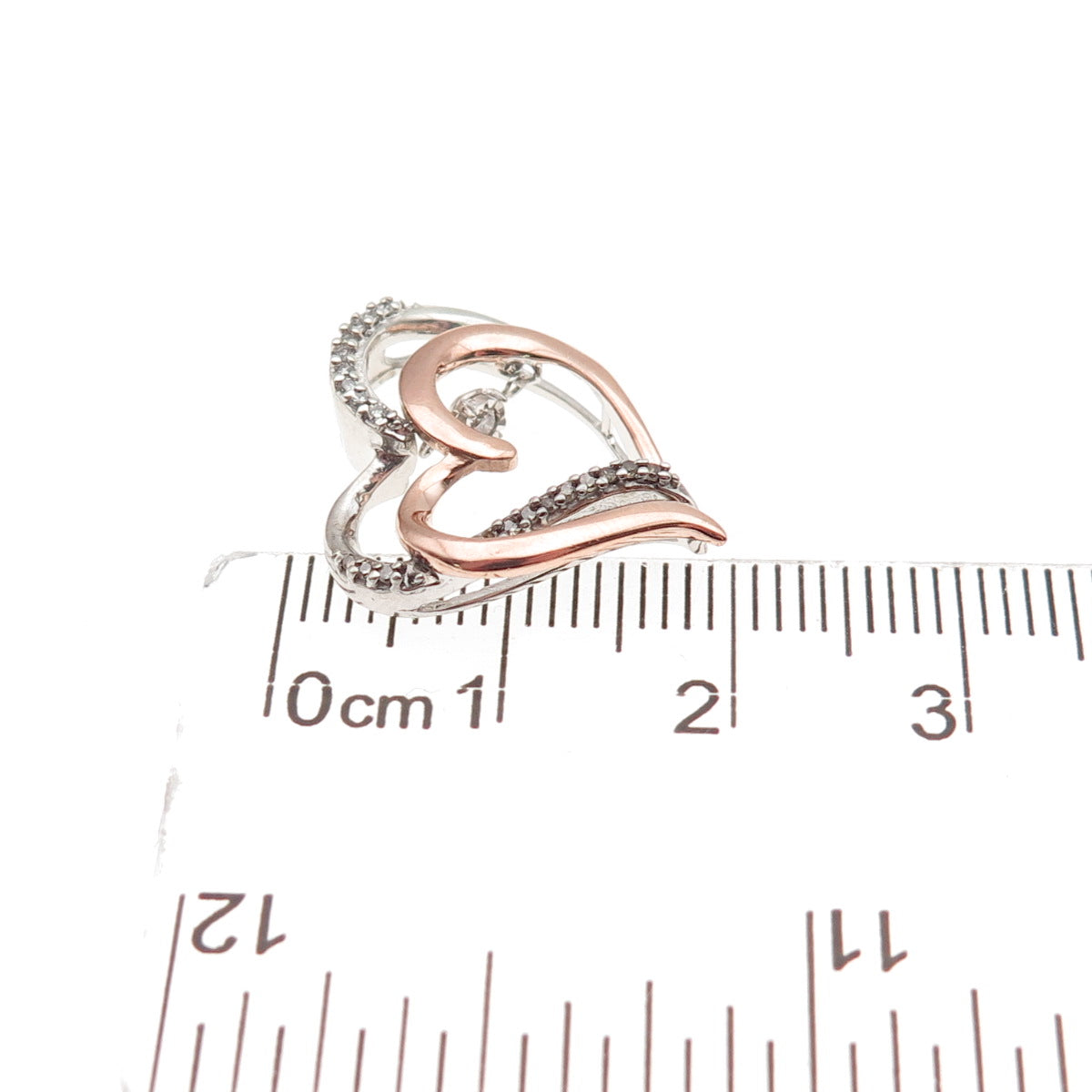925 Sterling 10K Rose Gold Real Diamond Double Heart Mini Slide Charm Pendant