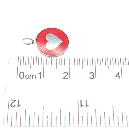925 Sterling Silver Red Enamel Heart Round Tag Minimalist Charm Pendant
