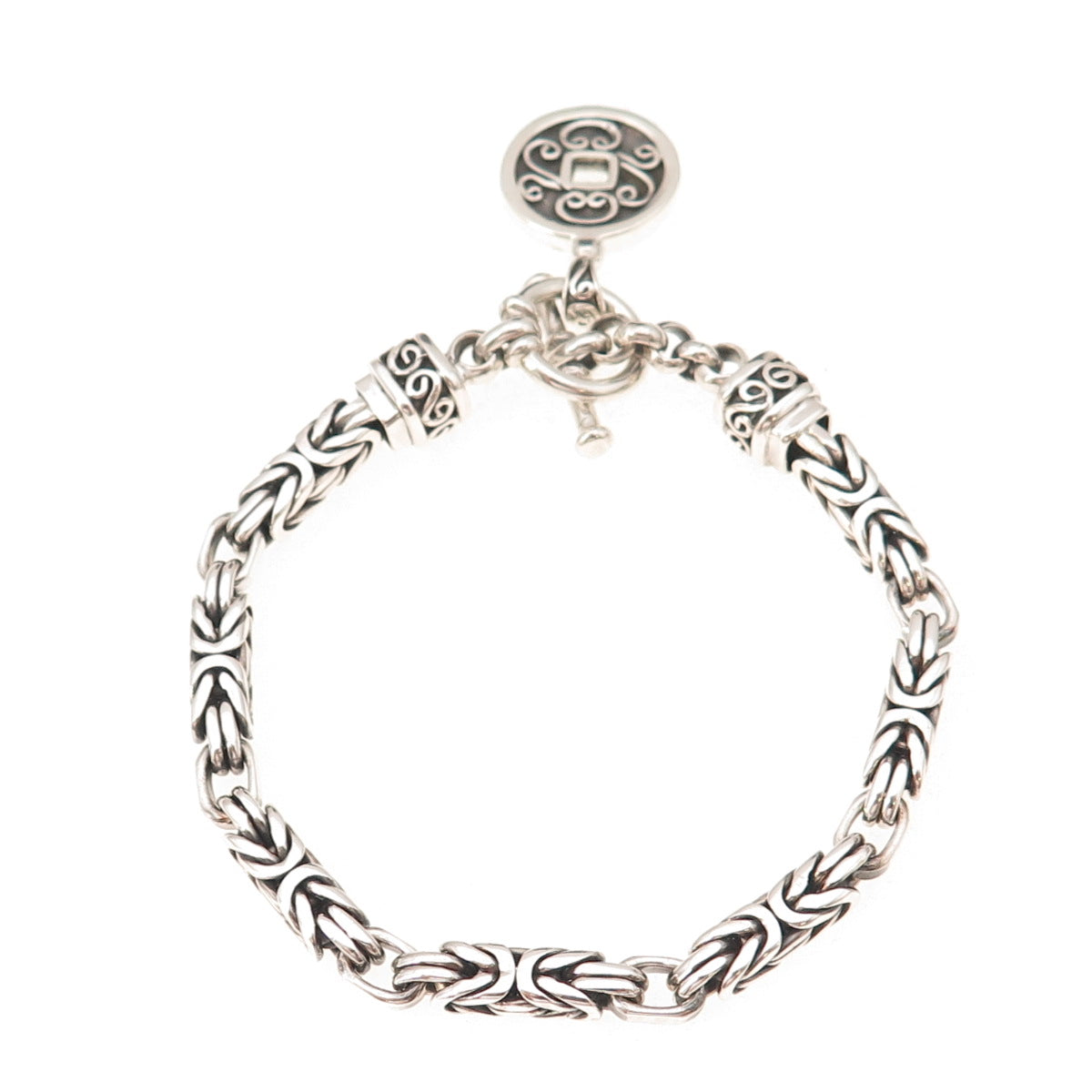 Suarti Bali 925 Sterling Silver Vintage Floral Coin Byzantine Link Bracelet 7"