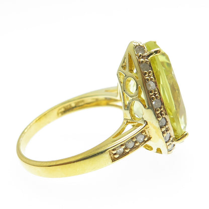 925 Sterling Silver Gold Plated Real Round-Cut Diamond & Citrine Ring Size 8.25