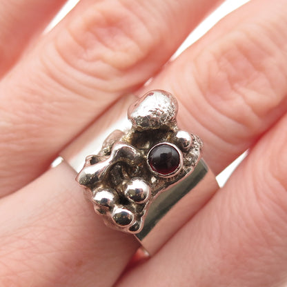 925 Sterling Vintage Real Red Garnet Modernist Nugget Oxidized Ring Size 8.75
