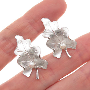 Carl Art 925 Sterling Antique Art Deco Real Pearl Oak Leaf Screw Back Earrings