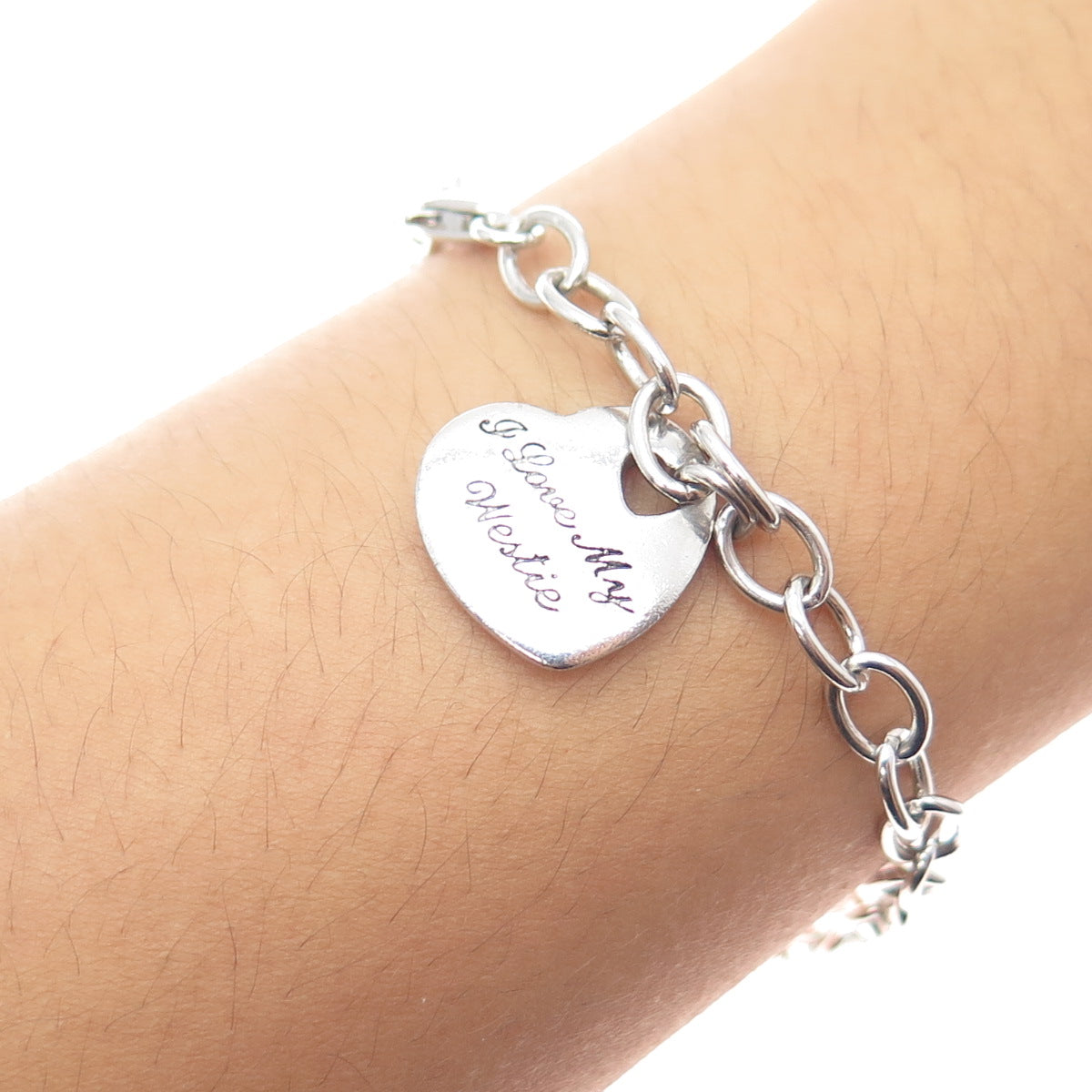 925 Sterling Silver Real Diamond I Love My Westie Heart Dangle Charm Bracelet 8"