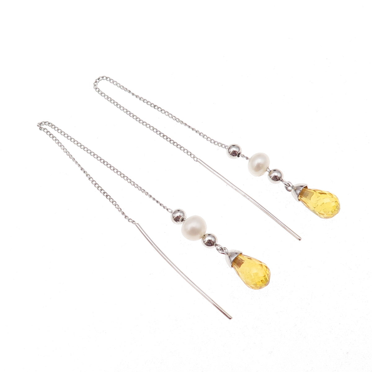 925 Sterling Silver Vintage Real Pearl & Citrine Chain Drop Dangle Earrings