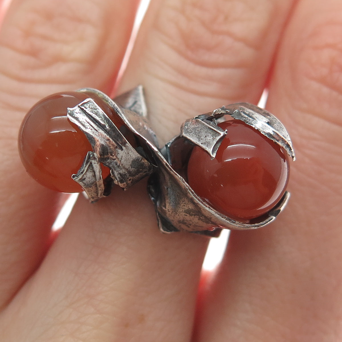 925 Sterling Silver Vintage Israel Real Agate Modernist Oxidized Ring Size 7
