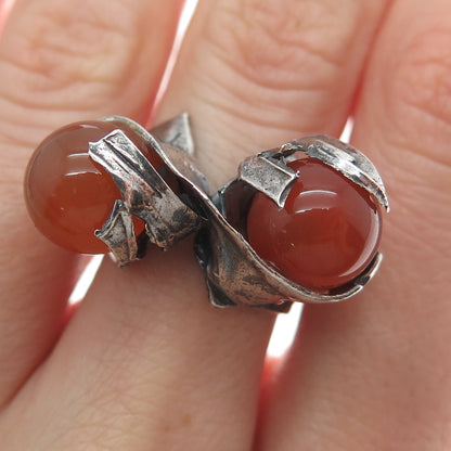 925 Sterling Silver Vintage Israel Real Agate Modernist Oxidized Ring Size 7