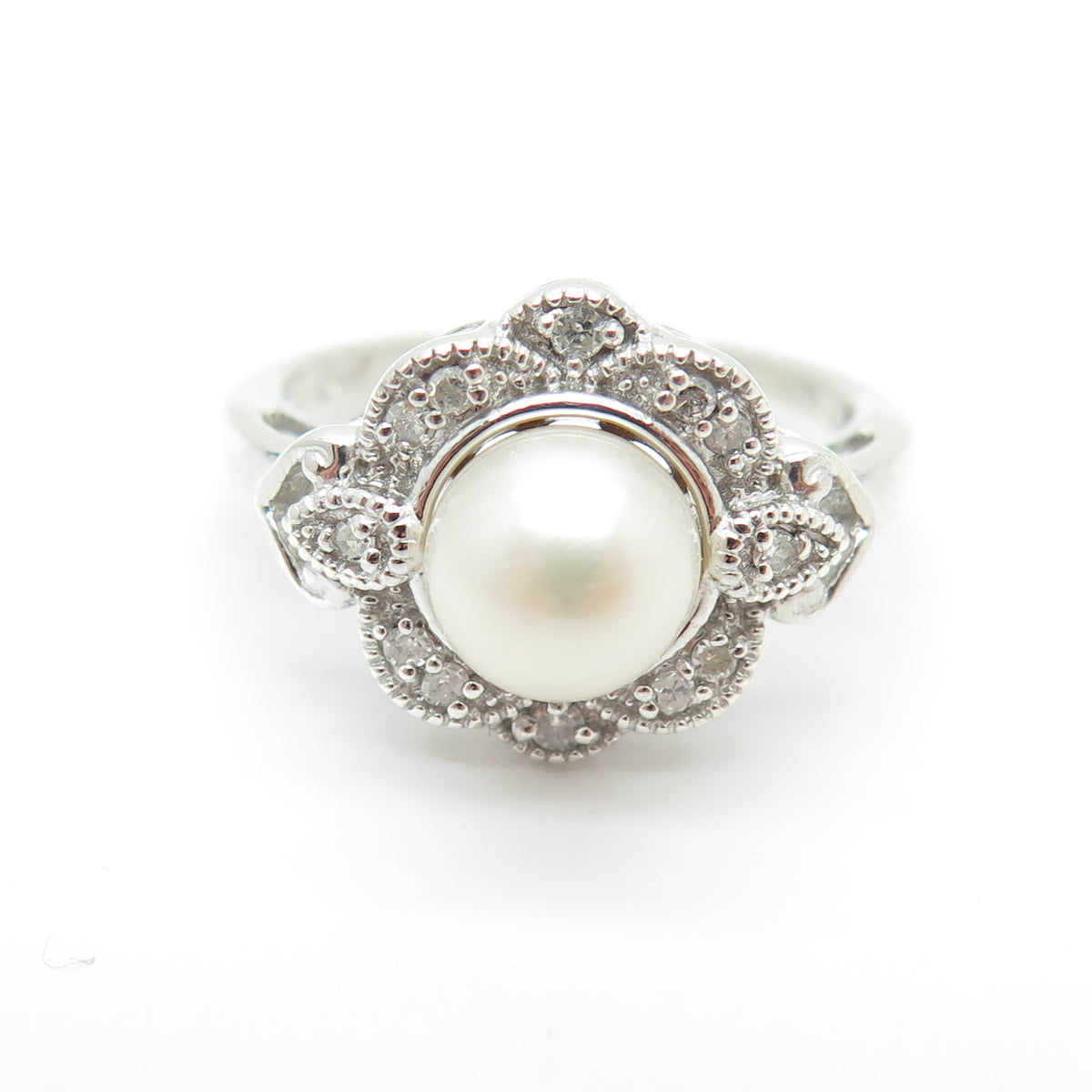 ALWAND VAHAN Sterling Silver Real Round-Cut Diamond Pearl Flower Ring Size 6.75