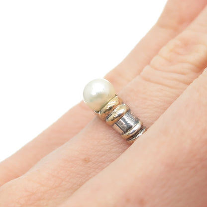 CNA PRANDA 925 Sterling Silver 2-Tone Vintage Real Pearl Oxidized Ring Size 6