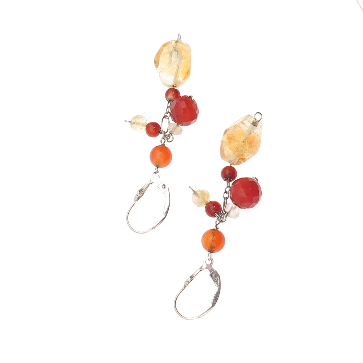 925 Sterling Silver Vintage Real Carnelian Clear Quartz Citrine Beaded Earrings
