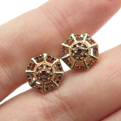 925 Sterling Silver Gold Plated Real Round-Cut Red Diamond Stud Earrings