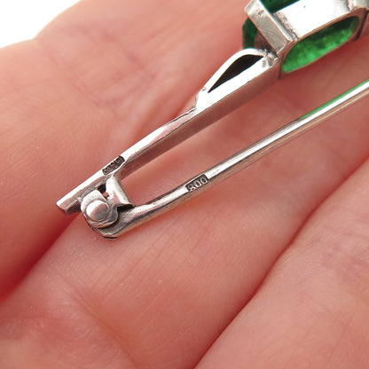 800 Silver Antique Art Deco Green Rhinestone Bar Oxidized Pin Brooch