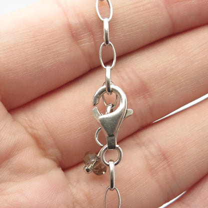 925 Sterling Silver Vintage Smoky Quartz & Chalcedony Gem Chain Necklace 16"