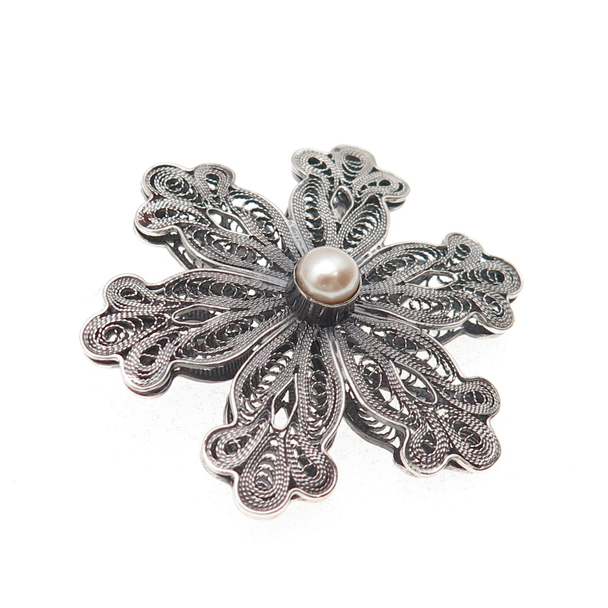 925 Sterling Silver Vintage Real Pearl Floral Filigree Oxidized Pin Brooch