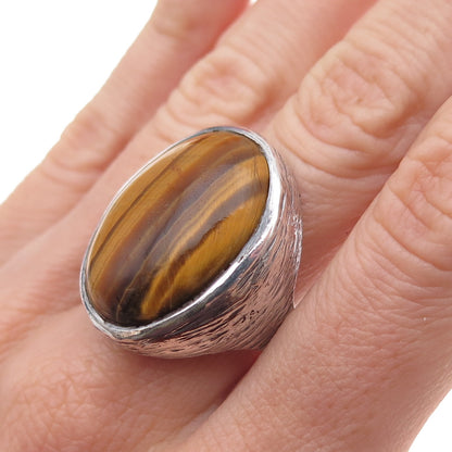 925 Sterling Silver Vintage Real Tiger Eye Modernist Oxidized Ring Size 10