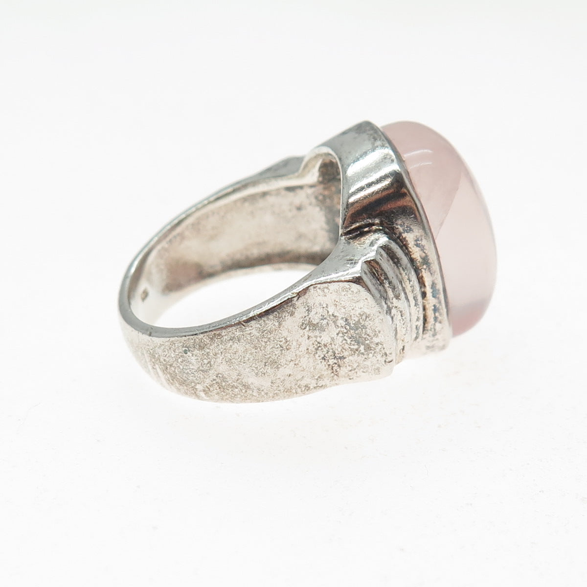 925 Sterling Silver Vintage Real Rose Quartz Modernist Oxidized Ring Size 9.5